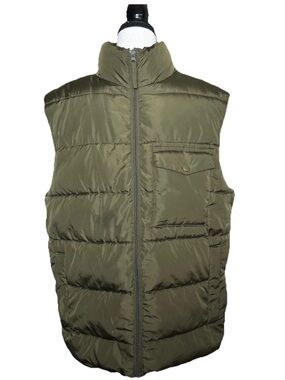 Old Navy Men's Puffer Vest Medium Full Zip Pockets Olive Green Recycled NWOT